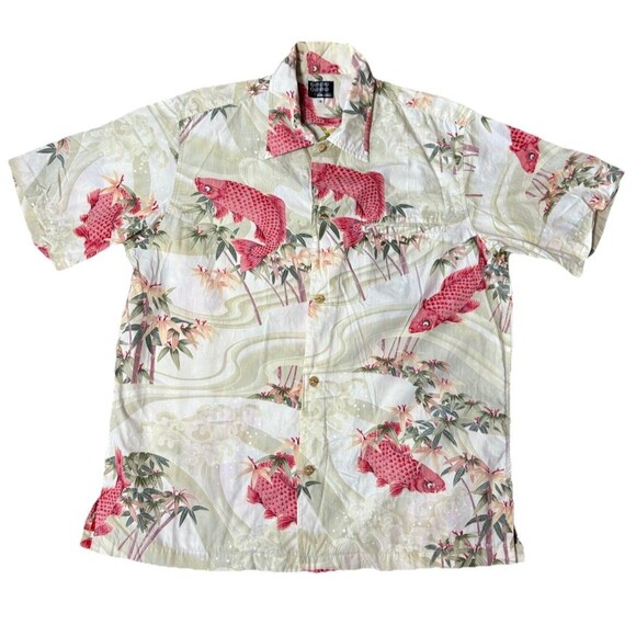Takeo Kikuchi Japanese Koi Fish Aloha Shirt Men’s Size 3 Large Beige Pink - Picture 1 of 9